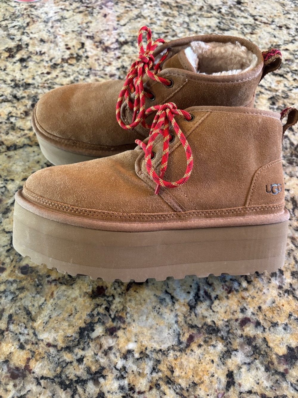 UGG Brown Suede Lace-Up Platform Boots with Red Laces - Picture 5 of 7